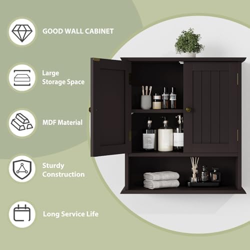 Smuxee Brown Bathroom Cabinet Wall Mounted, Small Medicine Cabinet with 2 Door Adjustable Shelves, Wall Cabinet Over Toilet for Laundry Room Kitchen - Image 6