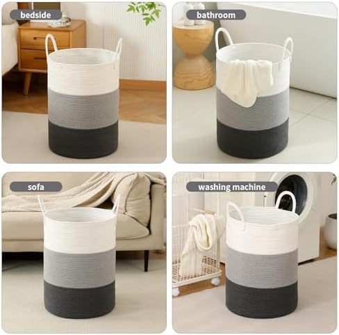 Laundry Basket Hamper Tall Rope Storage Woven for Blanket toys Dirty Clothes in Living Room Bathroom Bedroom (Gradient Grey, 100L/26.4Gal) - Image 4