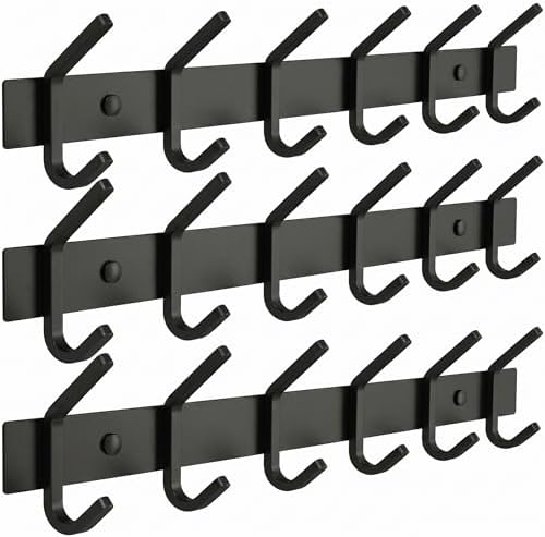 Coat Rack Wall Mount – 17 Inch Stainless Steel Hook Rail with 6 Double Coat Hooks for Hanging – Wall Mounted Entryway Organizer for Coats, Hats, Bags, Towels, Robes, Closet or Bathroom - Black 3 Pack by SAYONEYES