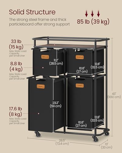 VASAGLE Laundry Sorter with Wheels, Portable Rolling Cart, 39.6 Gal.(150 L) - Image 5
