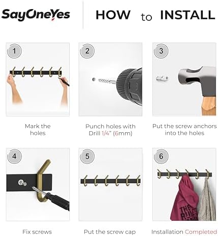 Coat Rack Wall Mount – Black and Gold Hook Rail with 6 Double Coat Hooks, 17 Inch Stainless Steel Wall Hooks for Entryway, Bathroom, Bedroom, Closet, Towel, Hat, Bag, Heavy Duty Organizer - Image 7