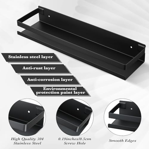 Lallisa 2 Pieces Stainless Steel Shelf Bathroom Shower Floating Shelves Wall Mounted Shower Caddy Basket Shelf Storage Organizer Shelves for Bathroom, Kitchen, Living Room(11.81 Inch/ 30 cm,Black) - Image 4