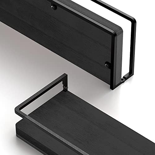 Meangood Floating Shelves Wall Mounted Set of 2, Wall Shelf with Towel Bar Rustic Wood Wall Storage Shelves for Bedroom,Living Room,Bathroom, Kitchen Black - Image 4