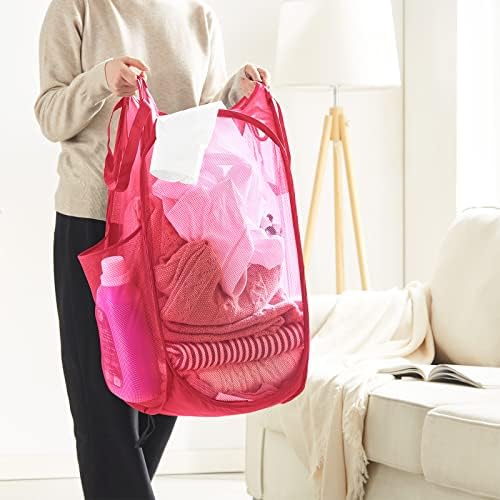 TECHMILLY Collapsible Mesh Pop Up Laundry Hamper with Sturdy Handles and Side Pocket - Portable Foldable Clothes Baskets for Dorm, Bathroom & Travel Storage (Pink, 2 Packs) - Image 5