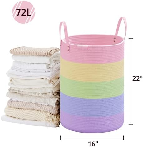 VIPOSCO 72L Tall Woven Rope Laundry Hamper, Leather Handles, Rainbow - Image 5