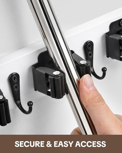 Lorbro 2 Pack Broom Holder Wall Mount, Wooden Rack with 4 Slot & 4 Hook - Image 2
