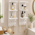 3 Tier White Floating Wall Vanity Shelf with 8 Crystal Hooks, Set of 2 Wall Mounted Bathroom Organizer for Perfume, Makeup, Skincare, Jewelry, Key Holder Display Shelf for Vanity, Entryway - Image 4