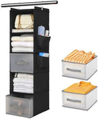 5-Layer Suspended Fabric Shelf Organizer, Equipped with 2 Sturdy Hooks, 2 Separate Drawers, and Foldable Hanging Storage (Black) by BIEBOS
