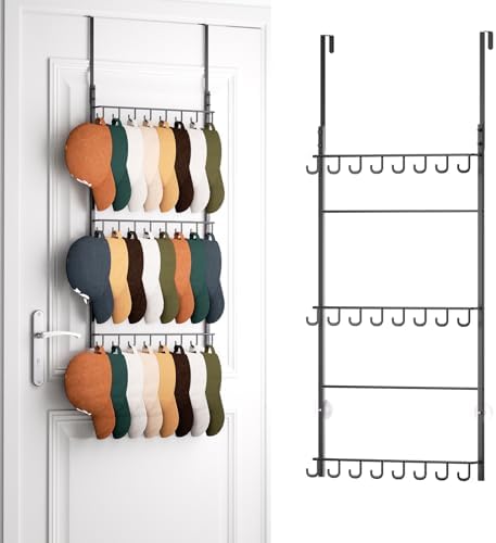 HapiRm Over Door Hat Rack - 3 Tier Wall Mounted Hat Organizer with 24 Hooks, Baseball Cap Organizer Storage Holds up to 24 Caps for Door, Bedroom, Closet by HapiRm