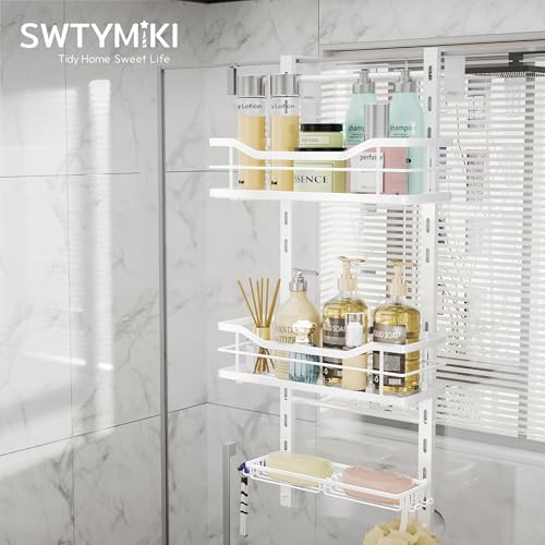 SWTYMIKI Over the Door Shower Caddy - 3 Tier Adjustable Shower Organizer Hanging with Soap Holder, No Drilling Stainless Steel Bathroom Hanging Caddy for Body Wash, Shampoo, Soap, Razor, White - Image 2