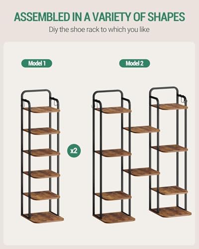 Hzuaneri 6 Tiers Vertical Shoe Rack, Narrow Shoe Tower, Tall Shoes Shelf with 2 Hooks, Adjustable Shelves, Corner Shoes Shelves for Small Spaces, Entryway, Living Room, Rustic Brown SR04201B - Image 5