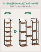 Hzuaneri 6 Tiers Vertical Shoe Rack, Narrow Shoe Tower, Tall Shoes Shelf with 2 Hooks, Adjustable Shelves, Corner Shoes Shelves for Small Spaces, Entryway, Living Room, Rustic Brown SR04201B - Image 5