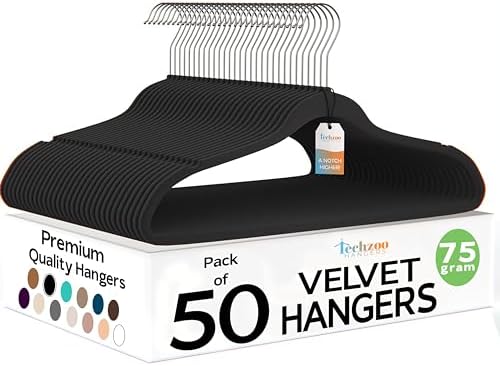 Techzoo 50 Pack New Premium Quality Velvet Hangers Ultra Thin Non Slip Adult Felt Space Saving Hangers for Closet Heavy Duty Coat Pants Jackets Dress Hangers 360° Swivel Hook Hold Upto 10 lbs Black by TECHZOO