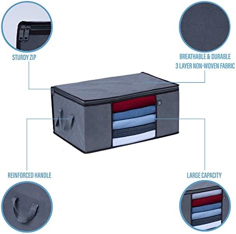 VENO 3 Pack Large Clothes Storage Bag with Reinforced Handle 13 Gallon | Thick Container Bins Organizer for Blankets, Comforters, Bedding, Foldable w/ Sturdy Zipper, Clear Window, Grey(13.3 Gallon) - Image 2