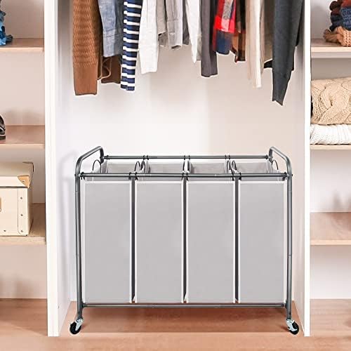 STO STO Laundry Sorter 4 Section, 4 Bag Clothes Hamper, Rolling Laundry Cart Basket with Heavy Duty Lockable Wheels and Removable Bag for Laundry Room, Bedroom, Closet, Gray - Image 3