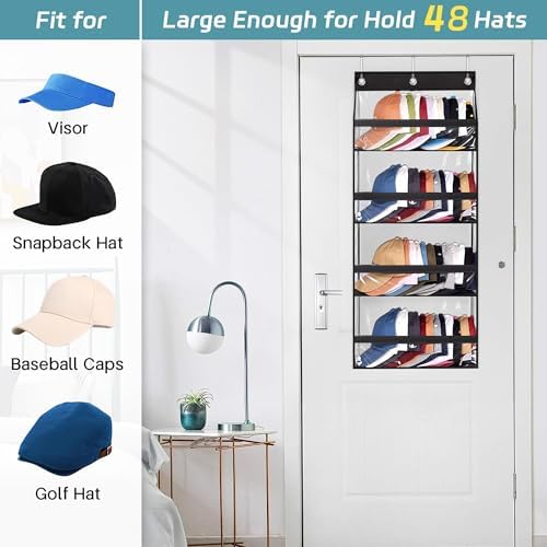 AOODA Clear Over the Door Hat Racks for Baseball Caps, Hold 48 Caps Hat Storage Organizer for Closet Wall, Deep Pockets Hanging Snapback Holder Shelves with 3 Hooks, Black - Image 4