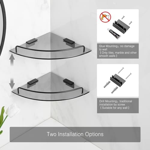 Voldra Glass Corner Shower Caddy, 2 Pack Adhesive Corner Shower Shelves for Inside Shower No Drilling, Tempered Glass Bathroom Corner Shelf with Guardrail Bathroom Shower Organizer Storage Rack(Black) - Image 5