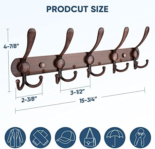 TICONN Wall Mounted Coat Rack, Five Heavy Duty Tri Hooks All Metal Construction for Jacket Coat Hat in Mudroom Entryway (Antique Bronze, 2-Pack) - Image 2