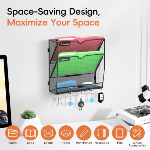 3-Tier Wall File Organizer with Hook, Hanging File Organizer Black - Image 4