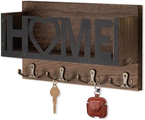 Wall Mount Mail and Key Holder, Wooden Mail Organizer with 4 Double Hooks, Black Metal Letters, Farmhouse Home Decor, Entryway Storage, 10.8 x 3.3 x 6.2 Inches by FIPUTE-MakesLifeEasier