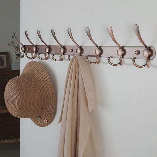 Dseap Coat Rack Wall Mount - 29.5” Long 8-Tri-Hooks Heavy Duty Coat Hanger Rail Wall Hooks for Hanging Coats Hats Clothing Clothes Purse Mudroom Entryway, Red Antique Copper - Image 4
