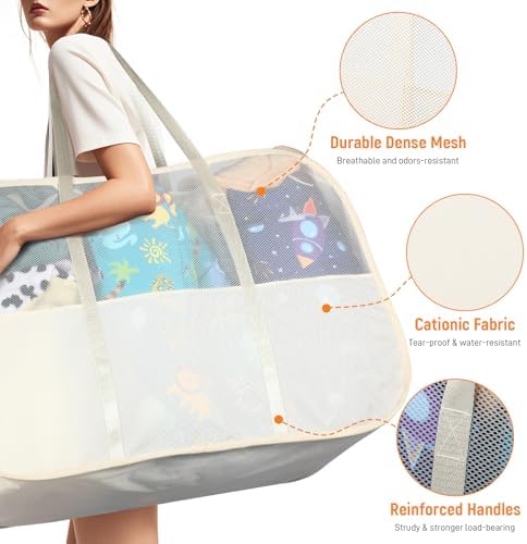 Collapsible Laundry Baskets with 3 Compartment, 150L Tear-proof Pop Up Hamper, Foldable Laundry Basket with Tote Handles, Dirty Clothes Hamper for Laundry, Bedroom, Bathroom, Dorm Beige - Image 5