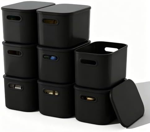 ORGIDOL 8 Pack Black Storage Bins with Lids Stackable Storage Container for Organizing, Black Storage Boxes with Handle for Shelves, Cute Organizer Bins for Craft, Snacks, 9.85x6.9x5.7 inch by ORGIDOL