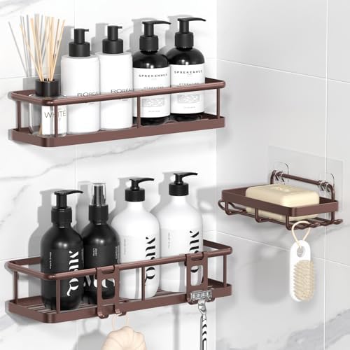 YASONIC Shower Caddy Adhesive, Rustproof Shower Organizer with Soap Holder, Large Capacity Shower Shelves for Inside Shower, No Drilling Bathroom Organizers and Storage for Home Decor（3 Pack Bronze） by YASONIC