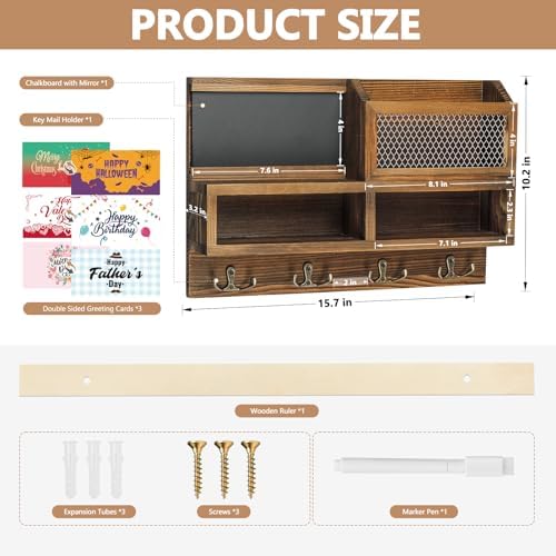 Key Holder Wall Mount, Wooden Mail and Key Organizer, Brown - Image 5