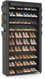 VTRIN Tall Shoe Rack with Cover, 10 Tier Shoe Organizer Storage for 50-55 Pairs Shoes and Boots Large Capacity Shoe Shelf with 8 Pockets Free Standing Shoe Rack for Closet, Entryway, Garage by VTRIN
