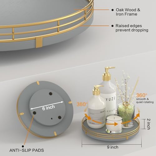 Oroyutor 9-Inch Gray Lazy Susan Spice Organizer for Cabinet with Gold Rail - Image 5