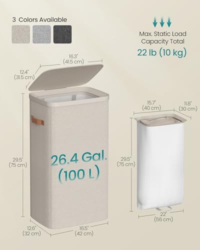 SONGMICS Laundry Basket, 100L Laundry Hamper with Lid, 1 Removable Bag - Image 6
