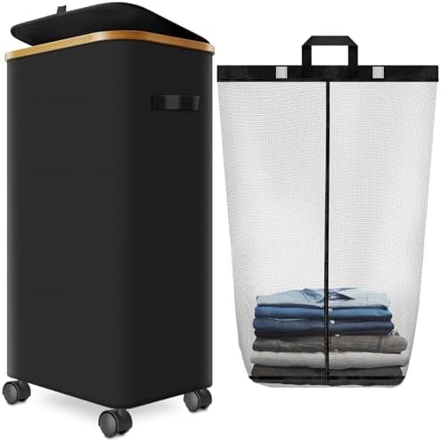 Laundry Hamper with Wheels, 75L Rolling Laundry Basket with Lid by Wuevu
