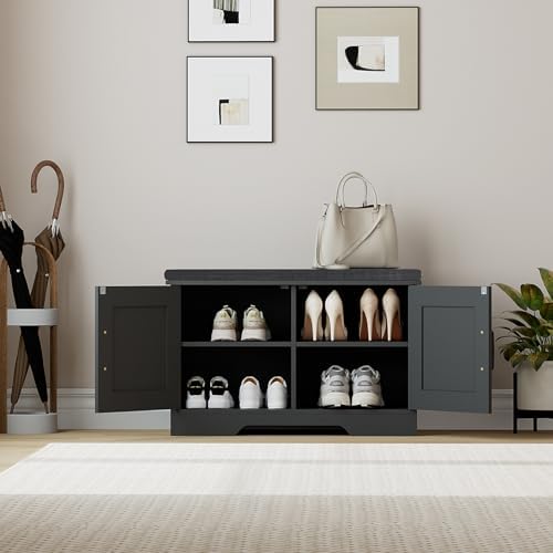 HOMSHO Farmhouse Shoe Storage Bench with 2 Barn Doors & Padded Seat Cushion - Image 4