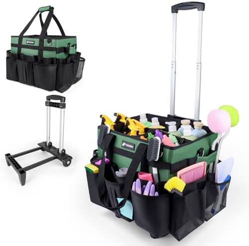Large Rolling Cleaning Caddy Bag with Wheels, Cleaning Bag with Detachable Trolley, Cleaning Bags on Wheels for Housekeepers, Cleaning Cart Supplies Organizer for Home, Car, Picnic (Green) by Unknown