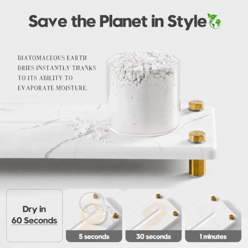 White Marble Pattern Style Water Absorbing Stone Sink Caddy, Bathroom & Kitchen Counter Organizer Tray, Faucet Drying Mat Soap Dish Rack Riser Dispenser Sponge Holder, Gold Metal Feet, 10" x 4" - Image 3