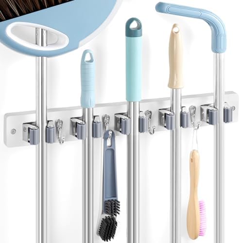 White Broom Holder Wall Mount - Heavy Duty Wood Mop and Broom Organizer with 5 Slots & 4 Hooks - Garden Tool Hanger for Laundry Room Closet Kitchen Garage Storage and Organization - Modern Home Decor by Unknown