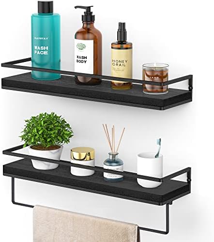 Meangood Floating Shelves Wall Mounted Set of 2, Wall Shelf with Towel Bar Rustic Wood Wall Storage Shelves for Bedroom,Living Room,Bathroom, Kitchen Black by Meangood