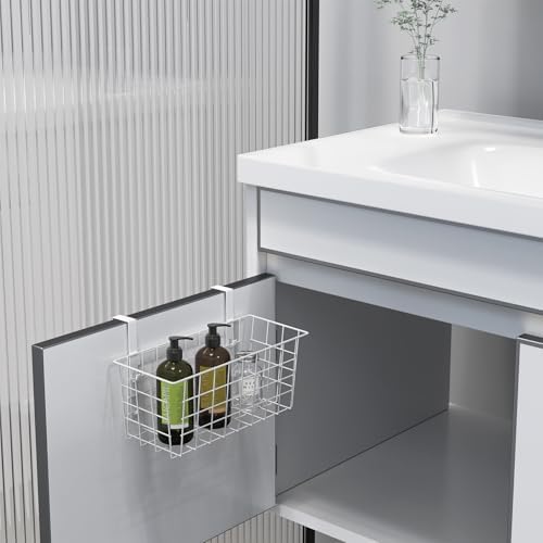 MaraFansie Basket with Hook, Grid Storage Basket, Over the Cabinet Door Organizer, Wire Hanging Basket with Hook Over the Door/Railing, Under Sink Kitchen Cabinet, Pantry, Bathroom, White, 4 Pack - Image 4