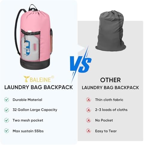 BALEINE 2PK 150L Laundry Bag Backpack, 900D Oxford Fabric Large Travel Laundry Bags with Shoulder Straps and 2 Mesh Pockets for College Dorm, Apartment, Laundromat (Pink, 150L) - Image 6