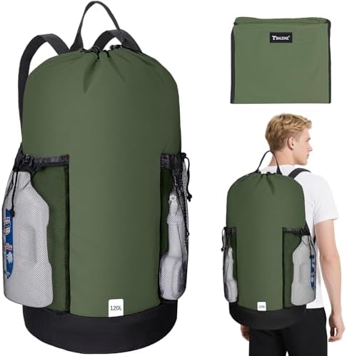 BALEINE 120L Laundry Bag Backpack, 900D Oxford Fabric Large Travel Laundry Bags with Shoulder Straps and 2 Mesh Pockets for College Dorm, Apartment, Laundromat (Green, 120L) by BALEINE
