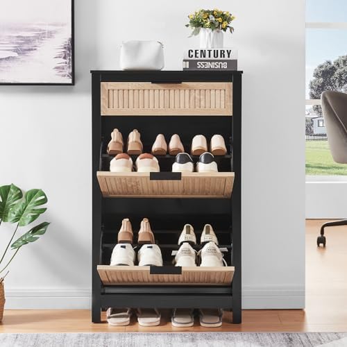 2-Flip Drawer Shoe Cabinet Narrow Entryway Rack, Oak&Black - Image 5