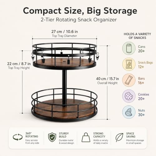2 Tier Snack Organizer Lazy Susan with Chip Clips - Image 2