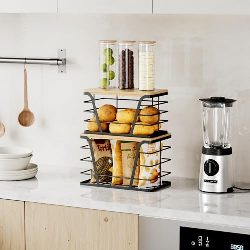 TIDIIABODE 2 Pack Stackable Storage Laundry Kitchen Organizers, Wall Mount Trash Bag Holder with Bamboo Top and Garbage Bag Dispenser No Drill - Image 4