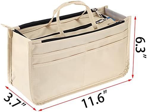 BTSKY Printing Handbag Organizers Inside Purse Insert - High Capacity 13 Pockets Bag Tote Organizer with Handle Beige - Image 3