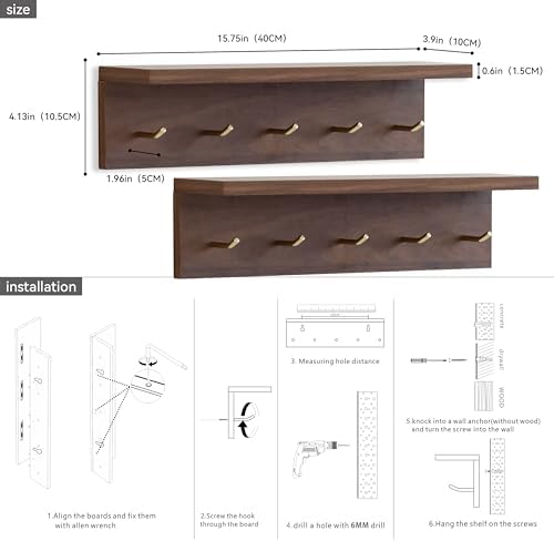 Wall Mount Walnut Coat Rack, 5 Brass Hooks, Floating Shelf - Image 6