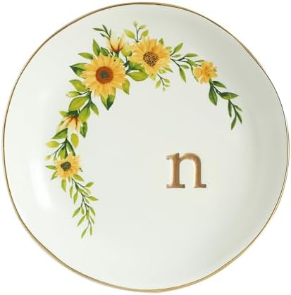 COLLECTIVE HOME - Ceramic Jewelry Tray, Trinket Dish for Rings Earrings Necklaces Bracelet Watch Keys, Birthday Mother's Day Christmas Gift for Women, 4.75", White Surface wirh Sunflowers (n) by COLLECTIVEHOME