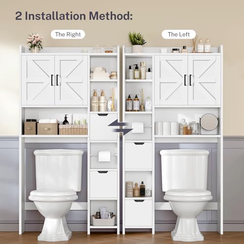 TEENFON Over the Toilet Storage Cabinet with 2 Removable Drawers, Above Toilet Storage Cabinet with 10 Storage Shelves, Taller Wooden Free Standing Bathroom Storage, Laundry Room Storage Shelf, White - Image 5