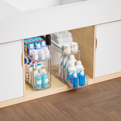 4 Pack Large Pull Out Bathroom Organizers and Storage,2 Tier 12.8″ Tall Sliding Kitchen Under Sink Organizer for Cleaning Products Storage,Acrylic Clear Bathroom inder Sink Organizer,Undersink Storage - Image 4