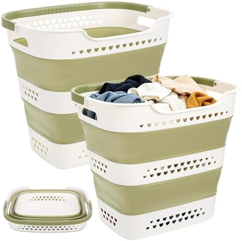 2 Pcs Collapsible Laundry Baskets for Clothes, 43L Plastic Laundry Hamper for Dorm Bedroom, Space Saving Pop-Up Laundry Hamper Container, Durable Foldable Laundry Basket with Handles (Matcha-Green) by Unknown